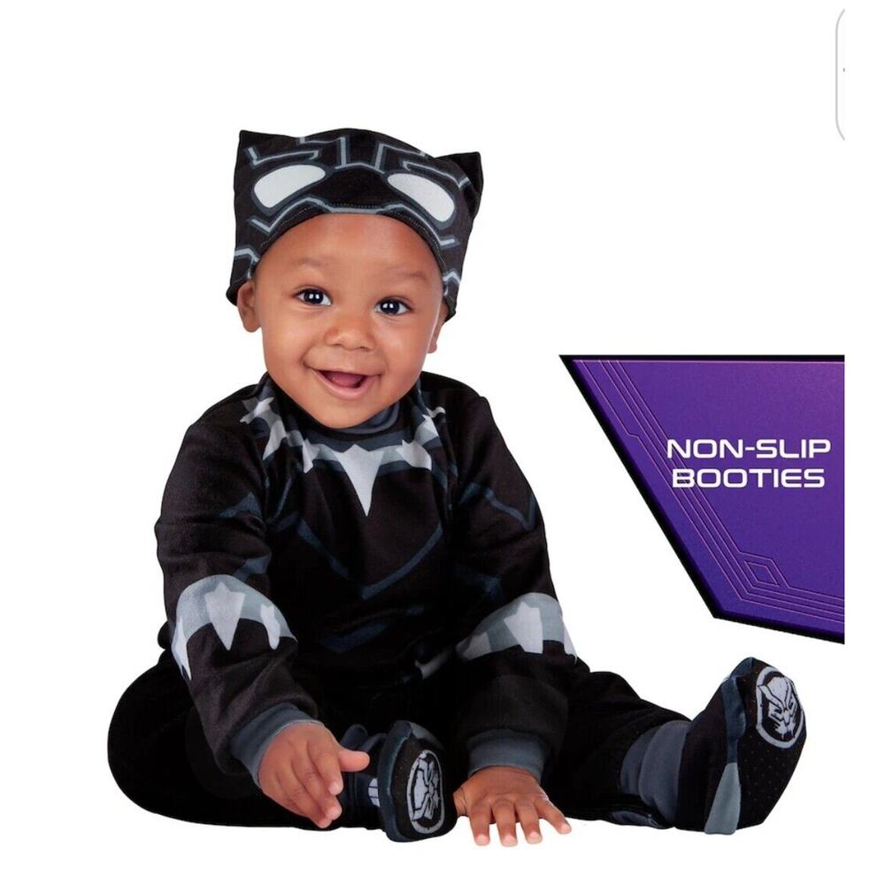 MARVEL Black Panther Costume Infant Sz 0-6 Mo 3 Pc Set NON-SLIP BOOTIE Halloween - Picture 11 of 15